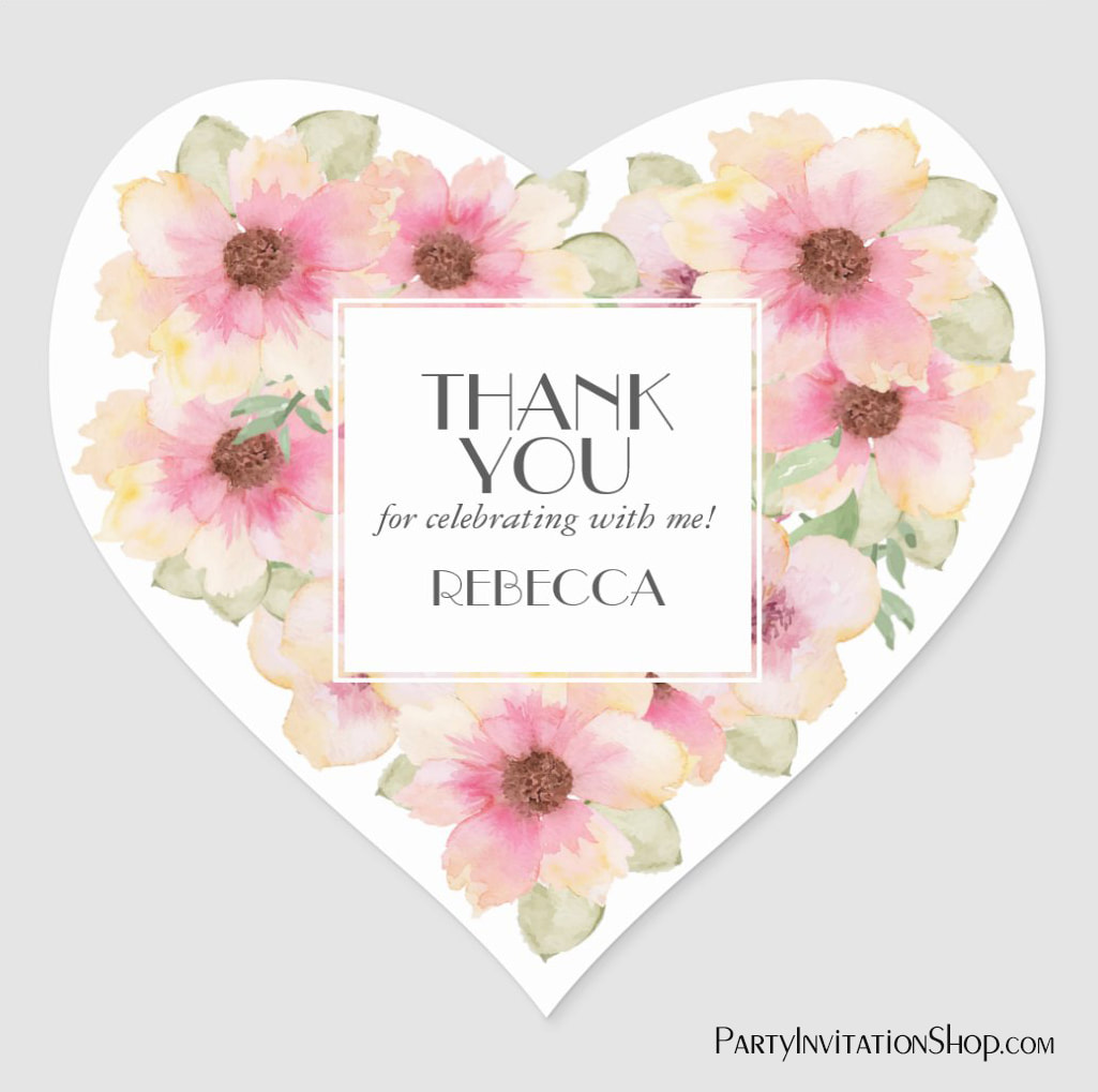 Blush Pink Watercolor Flowers Thank You Heart Sticker