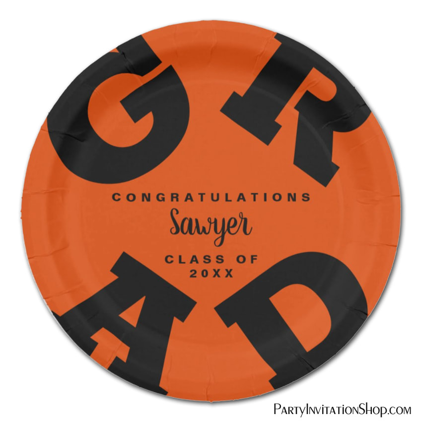 Custom Name Orange and Black Graduation Paper Plates