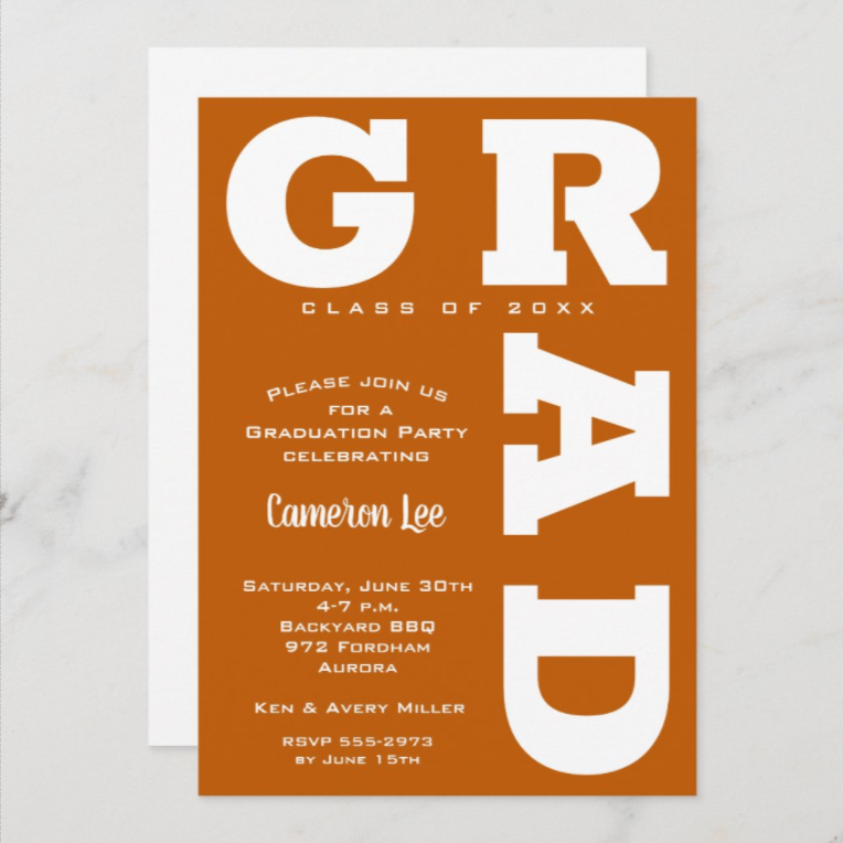Bold GRAD Burnt Orange White Graduation Invites