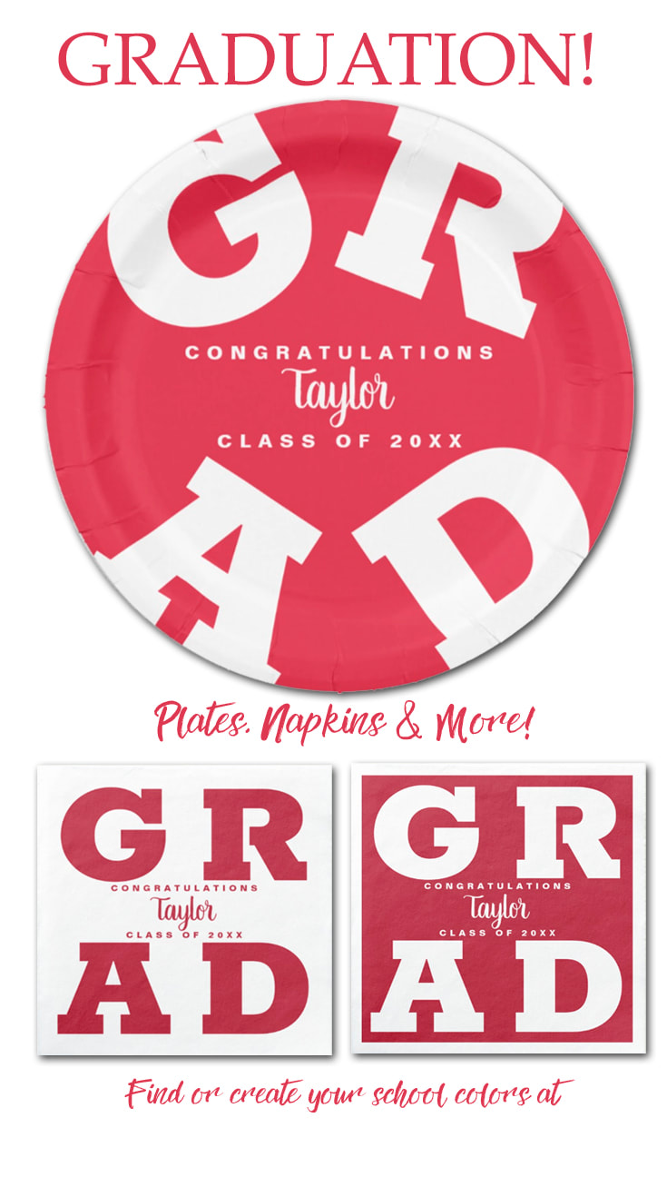 CRIMSON AND WHITE: The letters G R A D in a bold font is featured around the edges of graduation party paper plates and napkins in ANY school color, available in 2 sizes - PLUS your grad's name and class year. Alabama Crimson Tide colors! Create in your own school colors at PartyInvitationShop.com