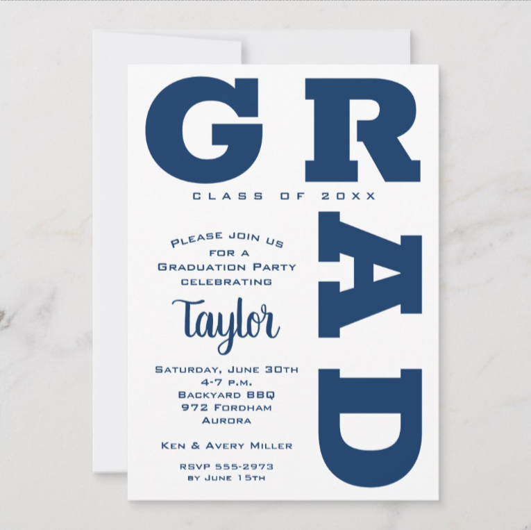 Bold GRAD | Dark Blue and White Graduation Party Invitations
