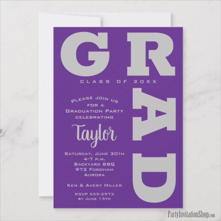 Bold GRAD | Gray on Purple Graduation Invitations