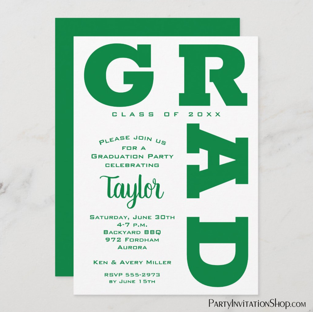 Bold GRAD Green and White Graduation Invitations