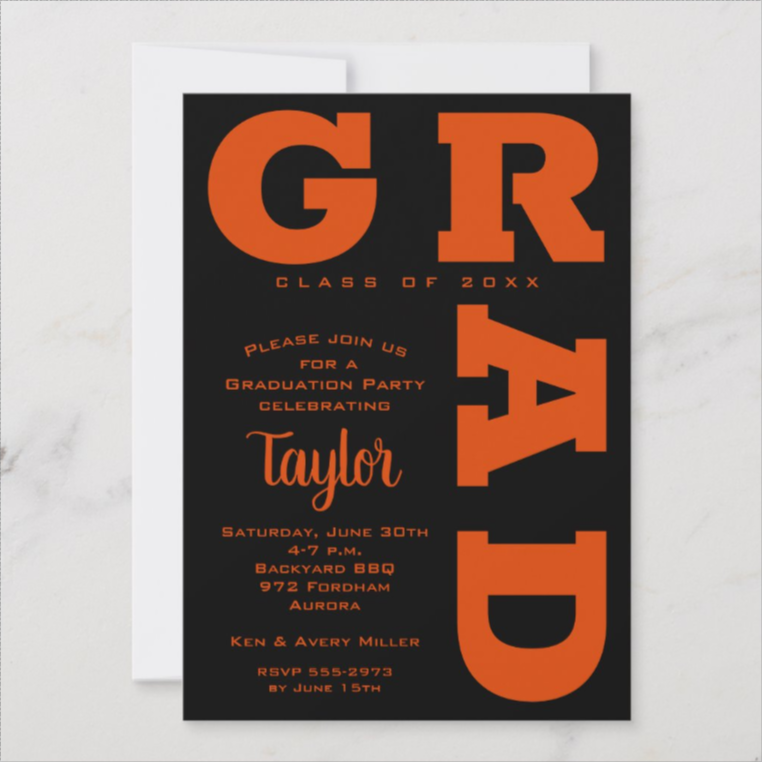 Bold GRAD | Orange on Black Graduation Invitations