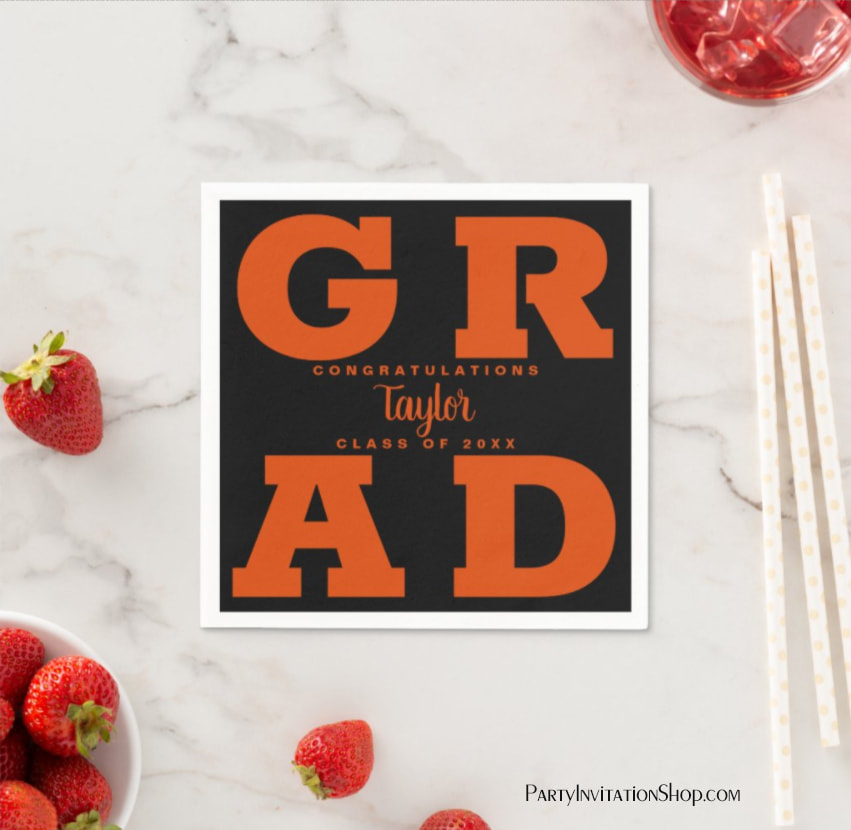 Bold GRAD | Orange on Black Graduation Napkins