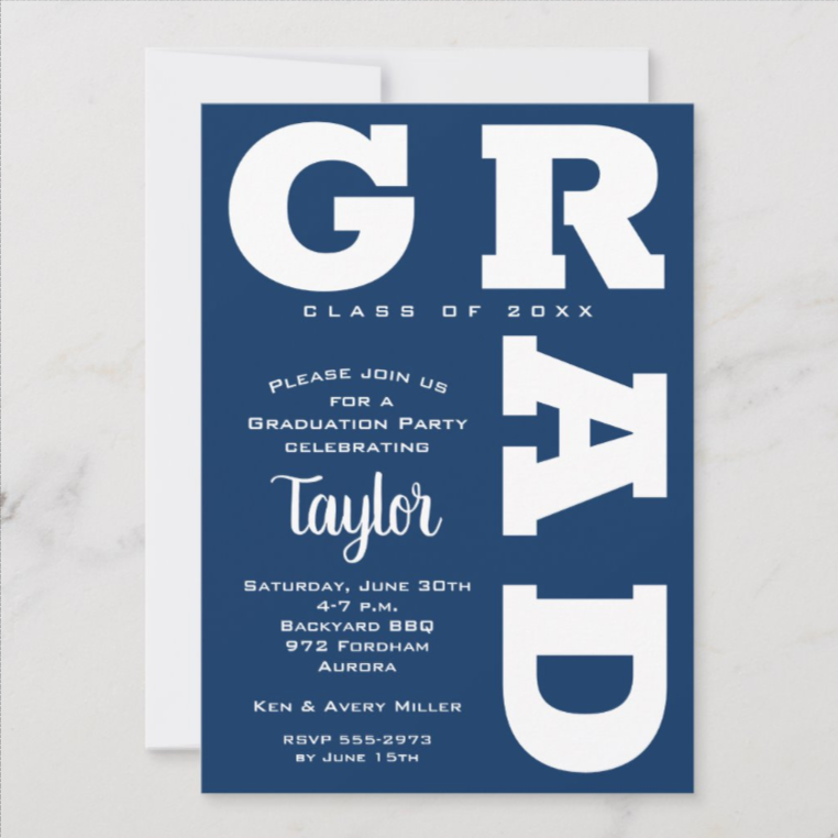 Bold GRAD | White and Dark Blue Graduation Party Invitations
