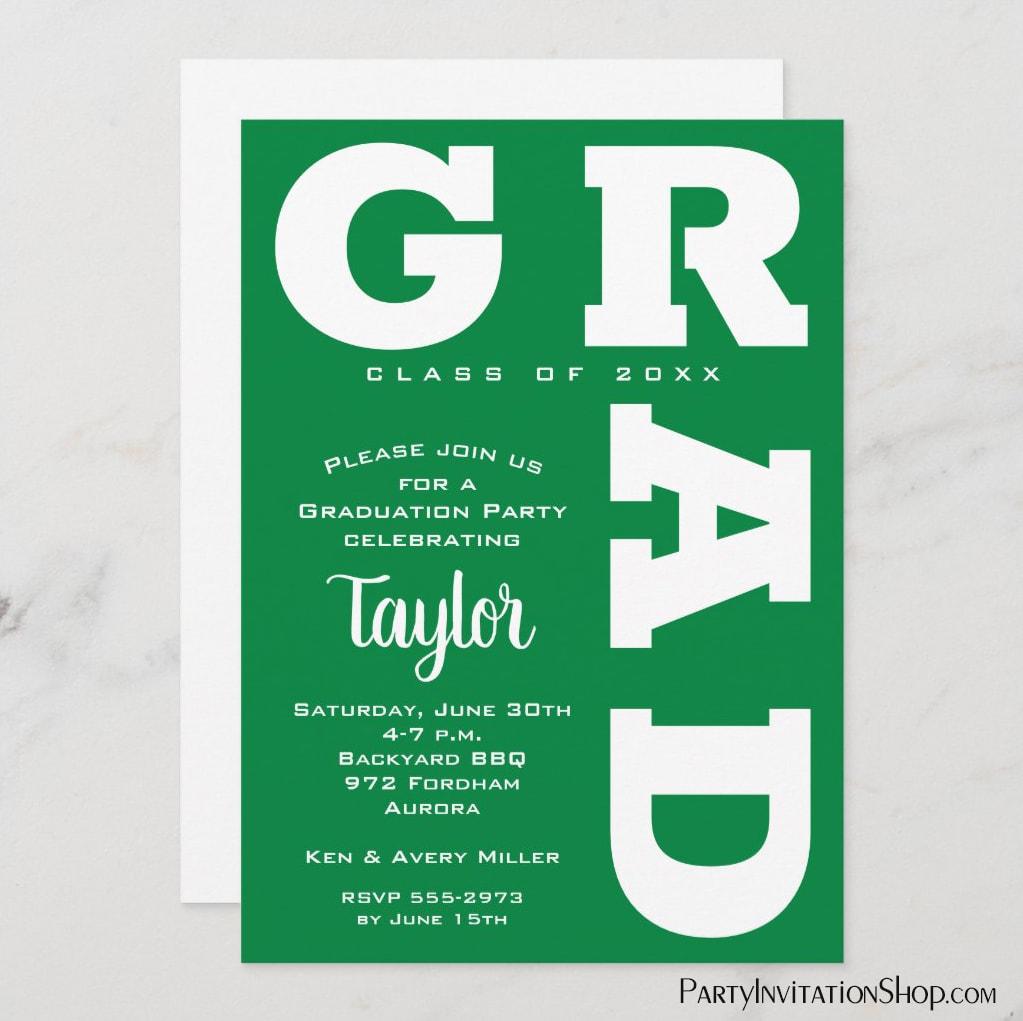 Bold GRAD White Green Graduation Invitations
