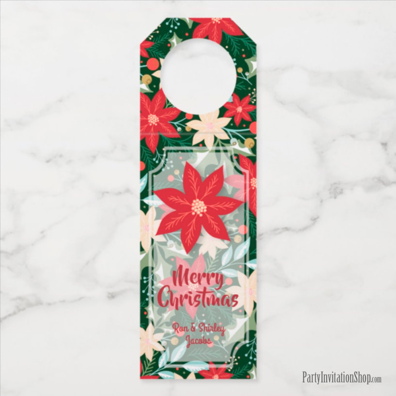 Personalized Bottle Hanger Tag - Poinsettia Christmas Holiday Design at PartyInvitationShop.com