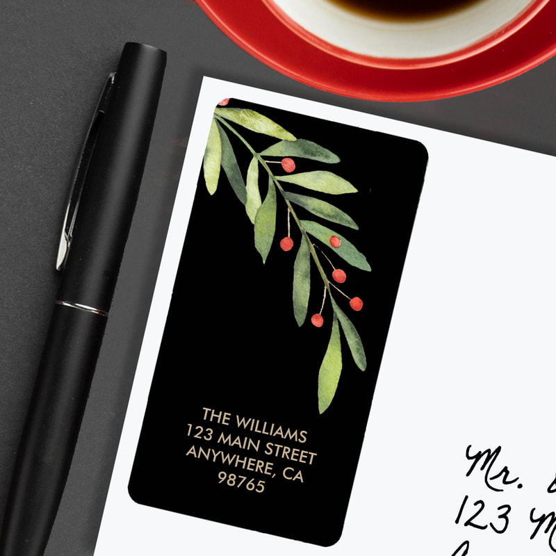 Branch and Berries Black Christmas Return Address Labels