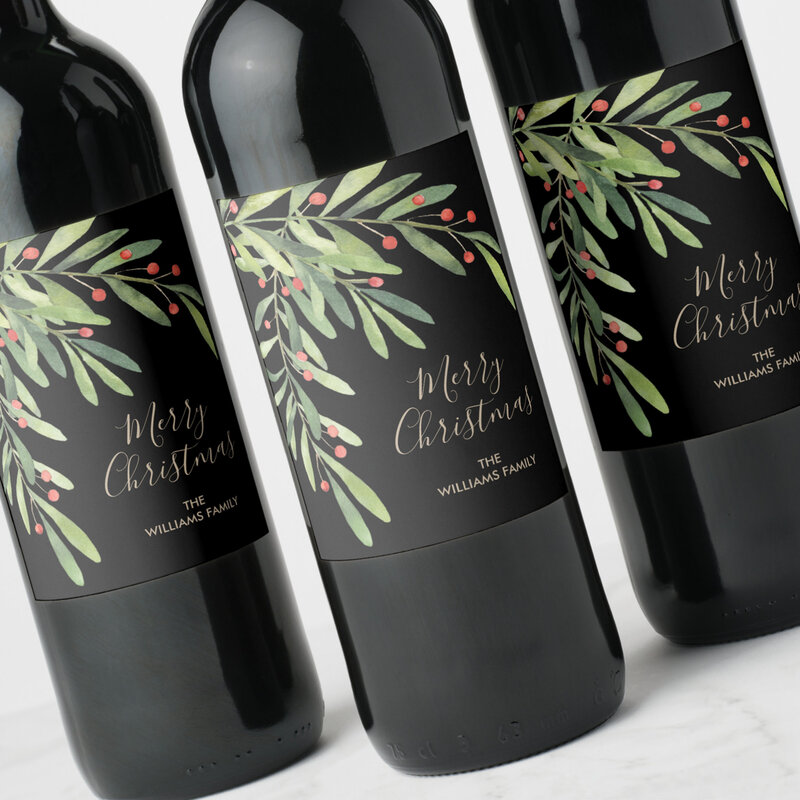 Branches Berries Christmas Holiday Black Wine Labels