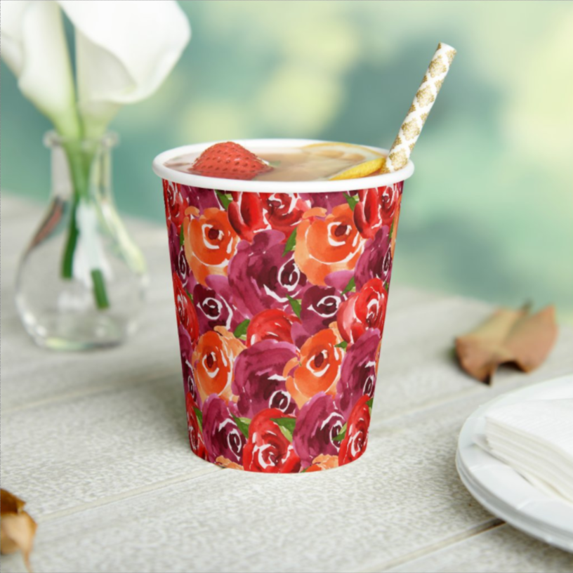 Bright Watercolor Floral Collage Paper Cups