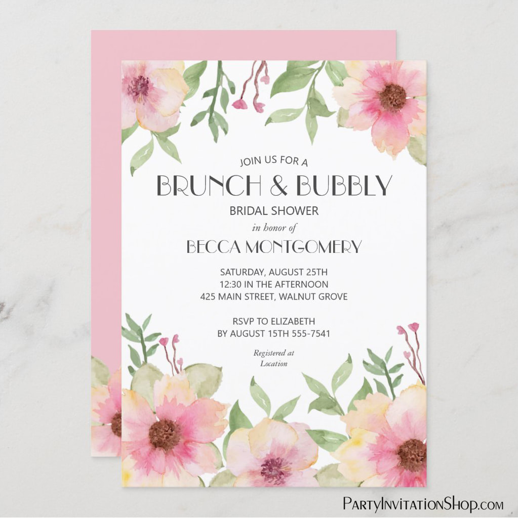 Brunch and Bubbly Watercolor Pink Floral Invitations