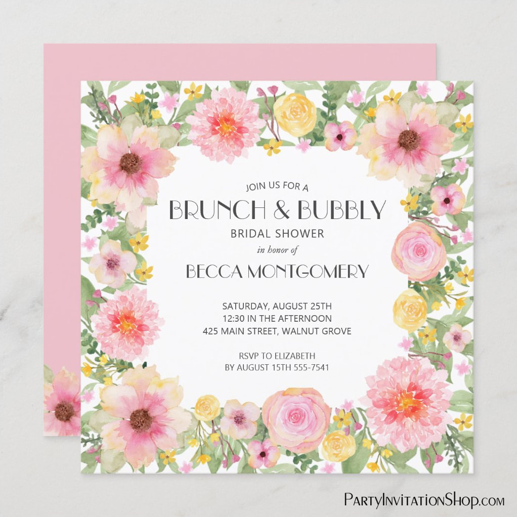 Brunch and Bubbly Watercolor Pink Floral Invitations