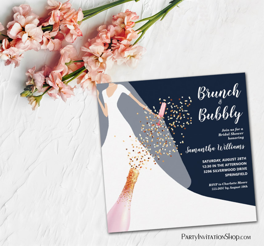 Brunch and Bubbly Wedding Dress Navy Bridal Shower Invitations