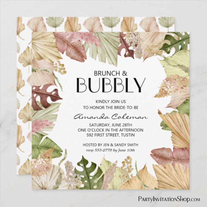Brunch Bubbly Tropical Leaves Bridal Shower Invitations