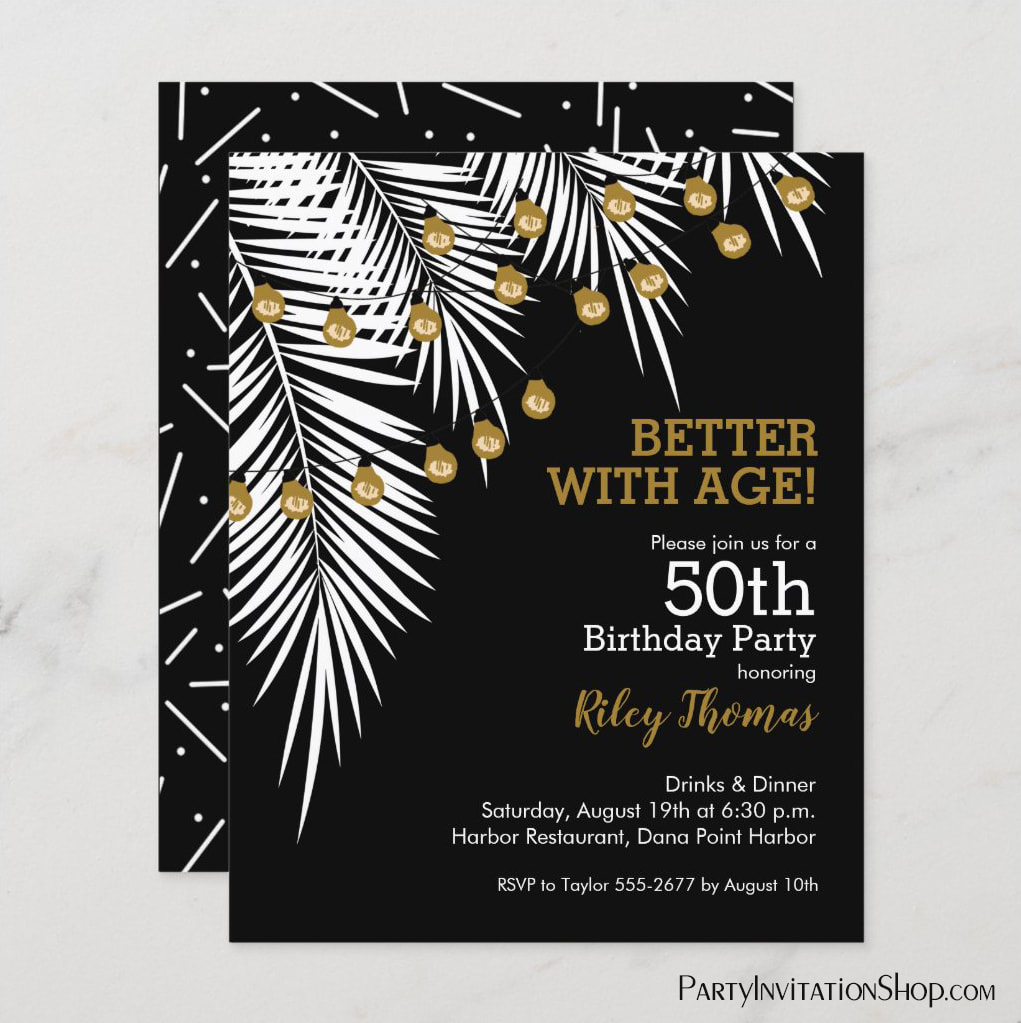 Budget Black and Gold 50th Birthday Palm Tree Party Invitations