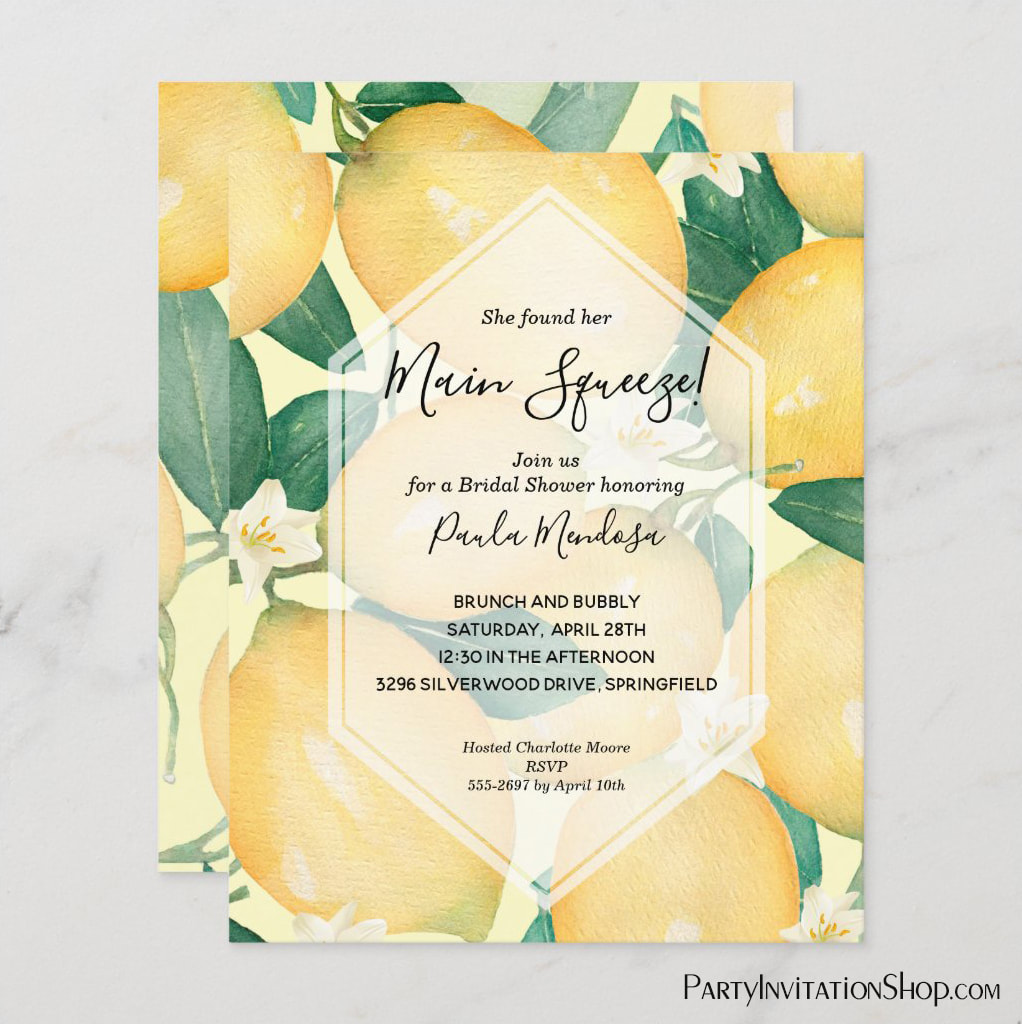 Budget Watercolor Lemons Main Squeeze Bridal Shower Invitations