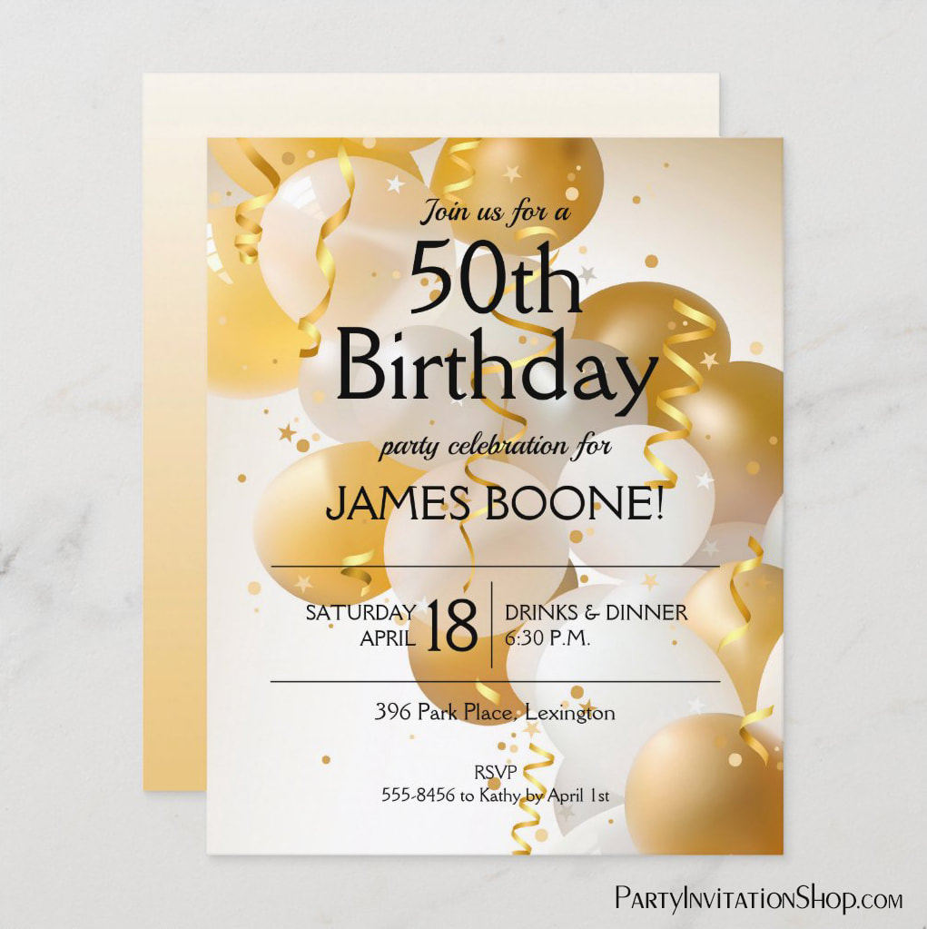 Budget Gold White Balloons Birthday Invitations