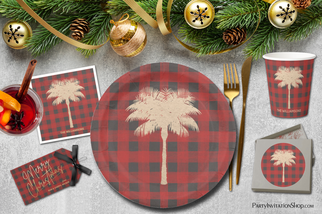 Gold Palm Tree on Red Buffalo Plaid Christmas Tableware
