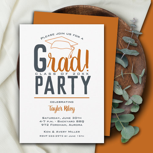 Burnt Orange Dark Gray Graduation Party Invitations