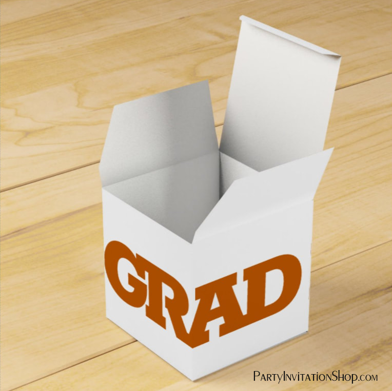 Bold GRAD Burnt Orange on White Graduation Party Favor Boxes