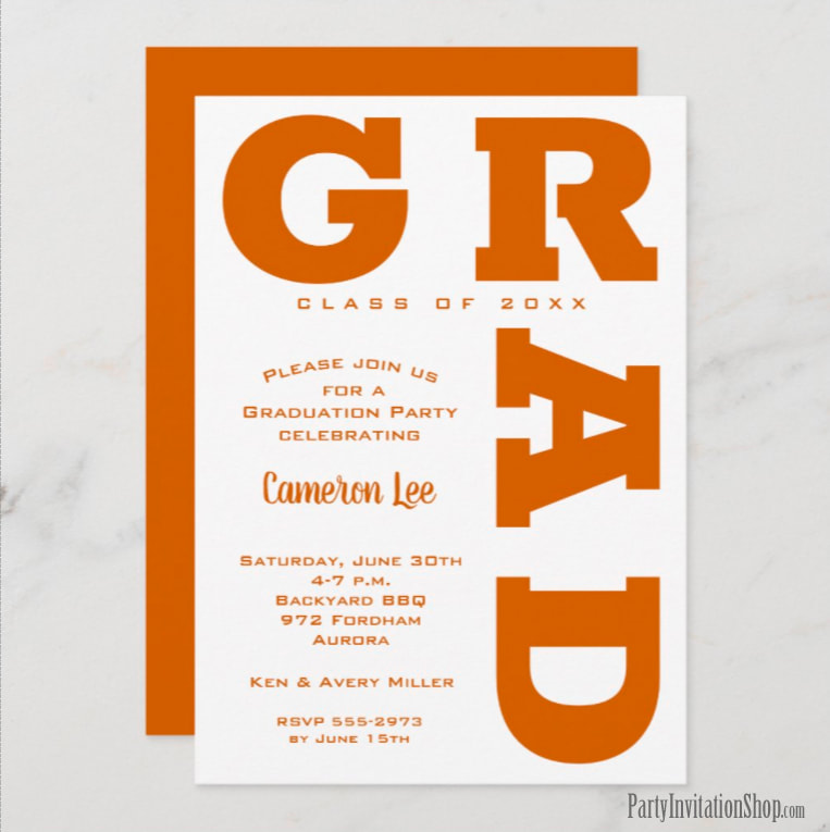 Bold GRAD Burnt Orange on White Graduation Invitations