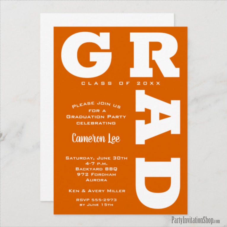 Bold GRAD White on Burnt Orange Graduation Invitations