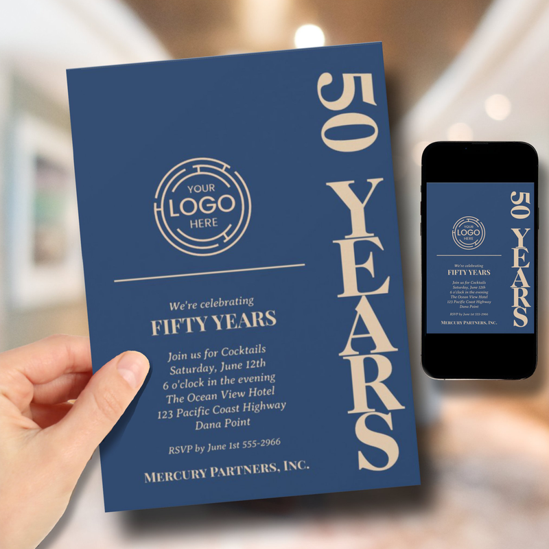 Business Logo Anniversary Navy Blue and Silver Invitations