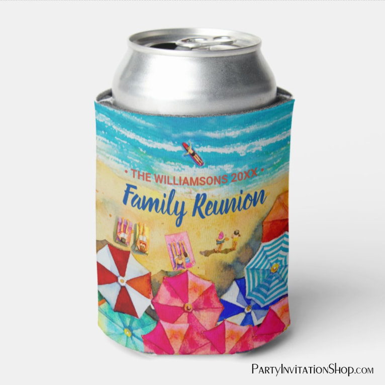 Family Reunion Beach Umbrellas on the Sand Can Cooler