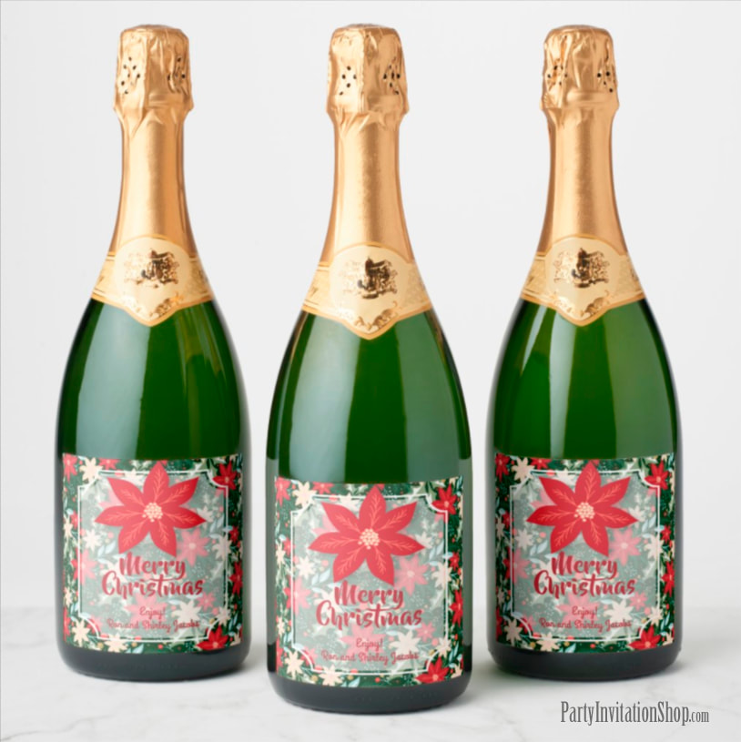 Personalized Champagne Bottle Labels - Poinsettia Christmas Holiday Design at PartyInvitationShop.com