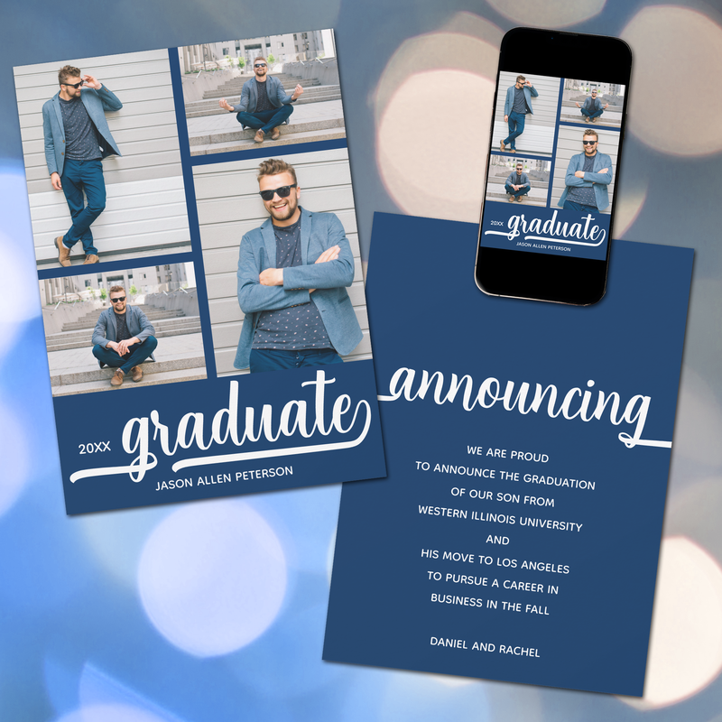 Modern 4 Photo Blue Graduation Announcements