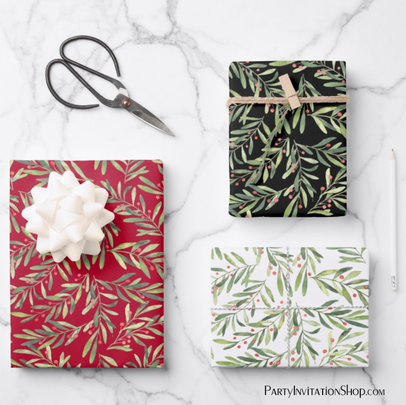 Elegant Christmas Branches and Berries Wrapping Paper Sheets