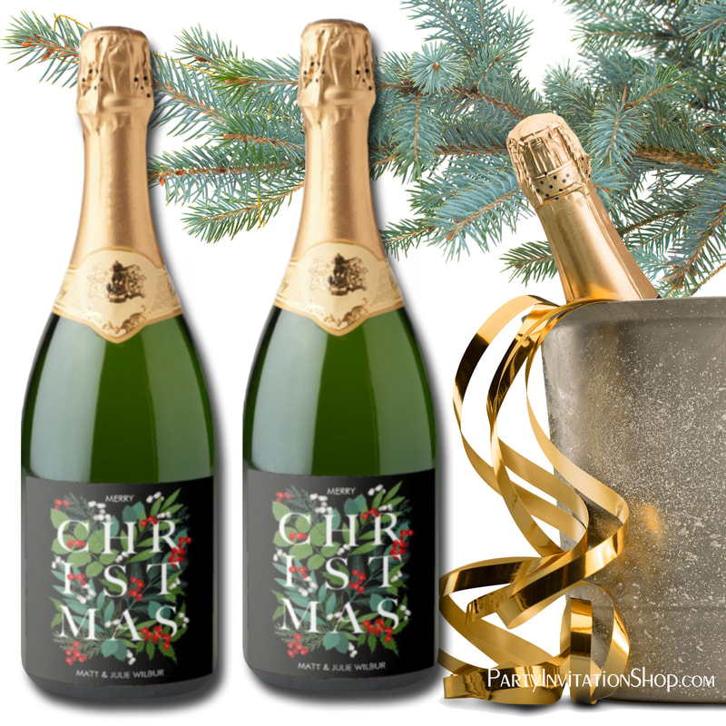 CHRISTMAS Greenery Berries Holiday Champagne Labels