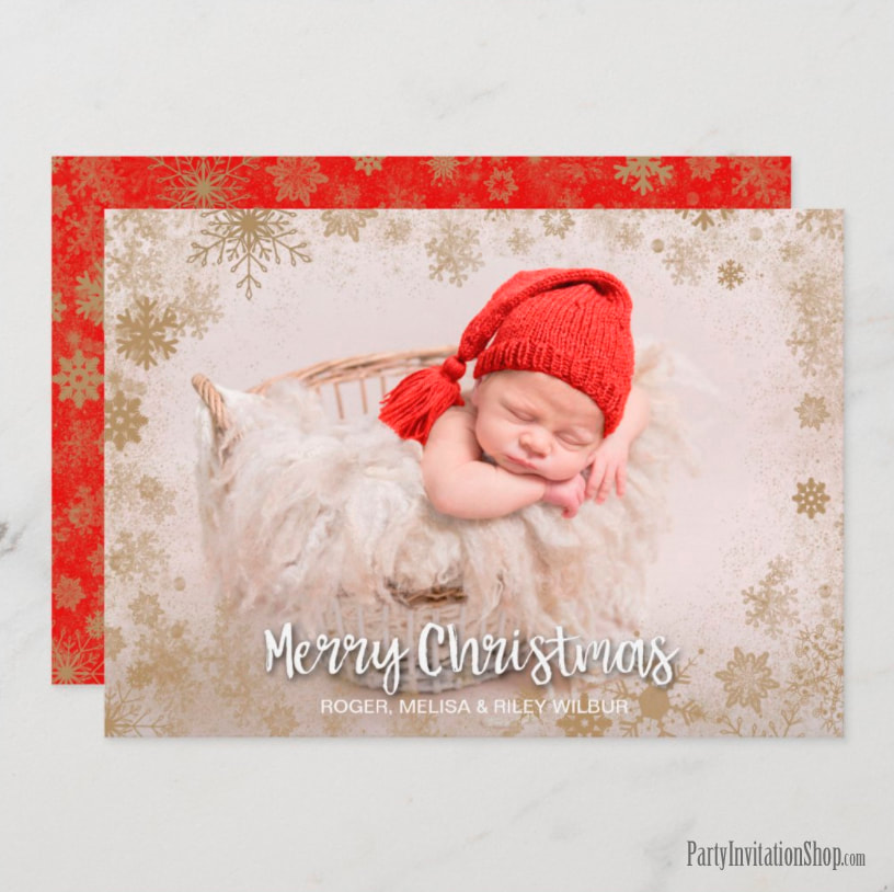 Snowflakes Gold Photo Birth Announcements