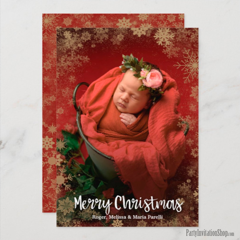 Gold Snowflakes Photo Birth Announcements