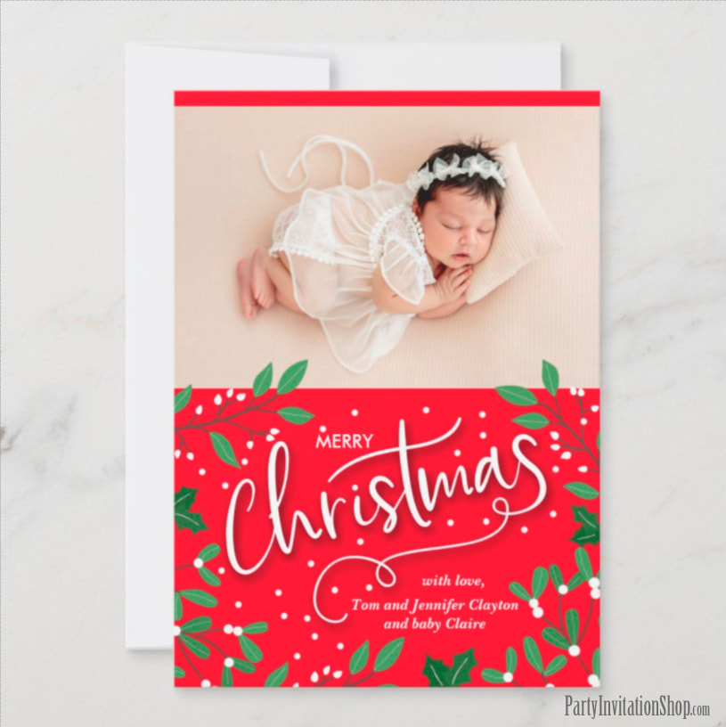 Holly Merry Christmas Photo Birth Announcements