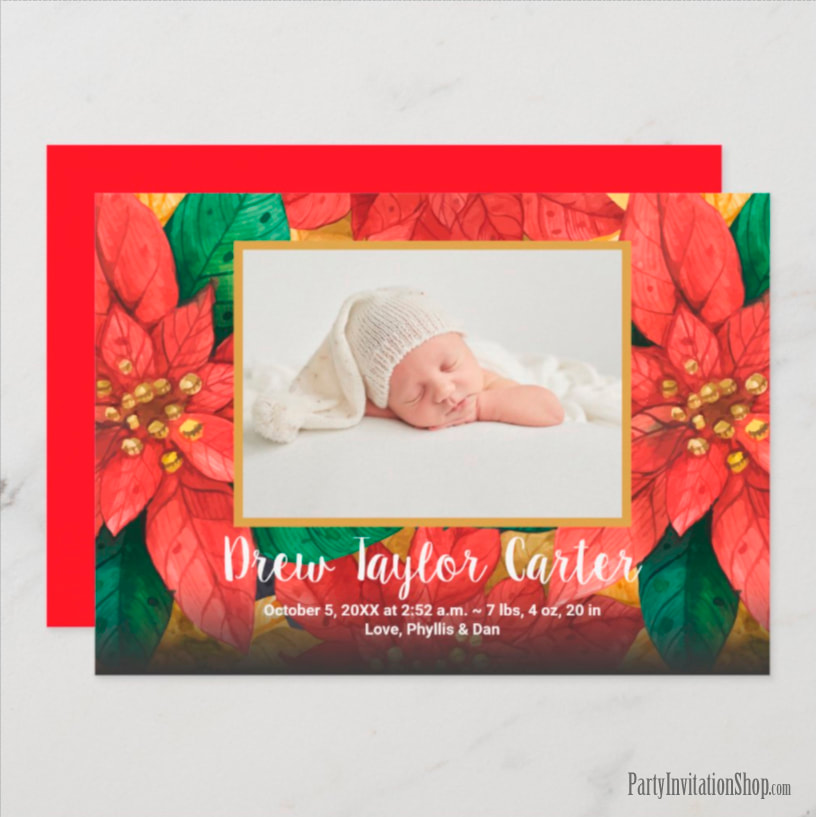 Holiday Poinsettias Baby Photo Birth Announcements