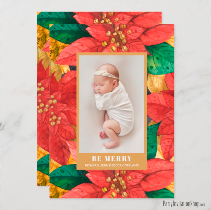 Poinsettias Holiday Photo Birth Announcements