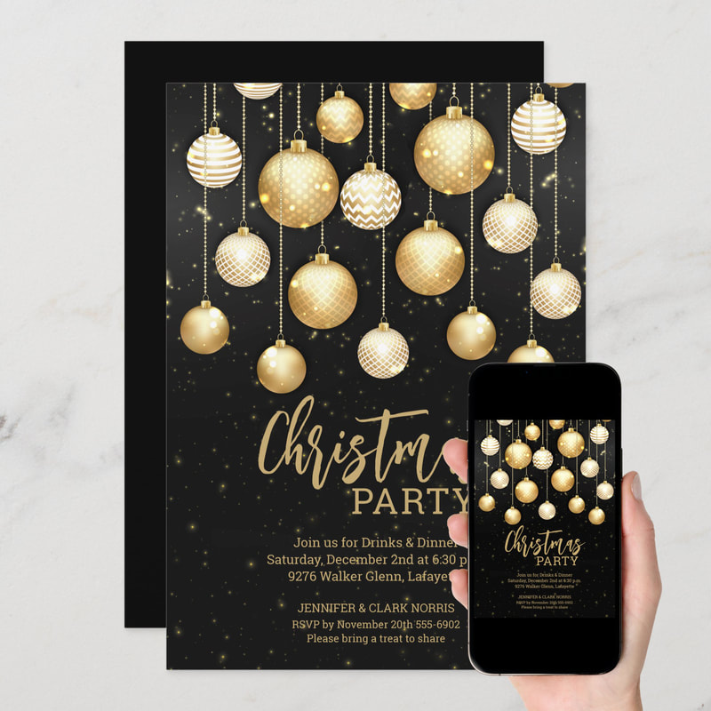 Gold Christmas Tree Ornaments Black Party Invitations