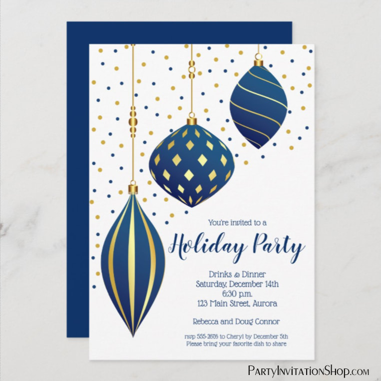 Holiday Party Invitations - Blue and Gold Christmas Ornaments