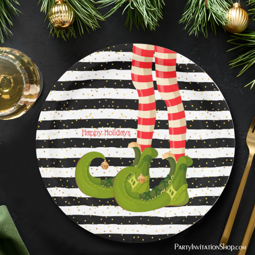 Christmas Elf Legs Black and White Stripes Paper Plate
