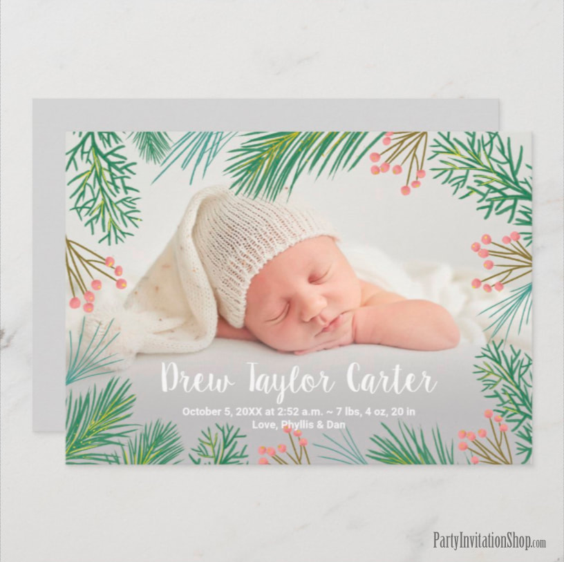 Pines Christmas Baby Photo Birth Announcements