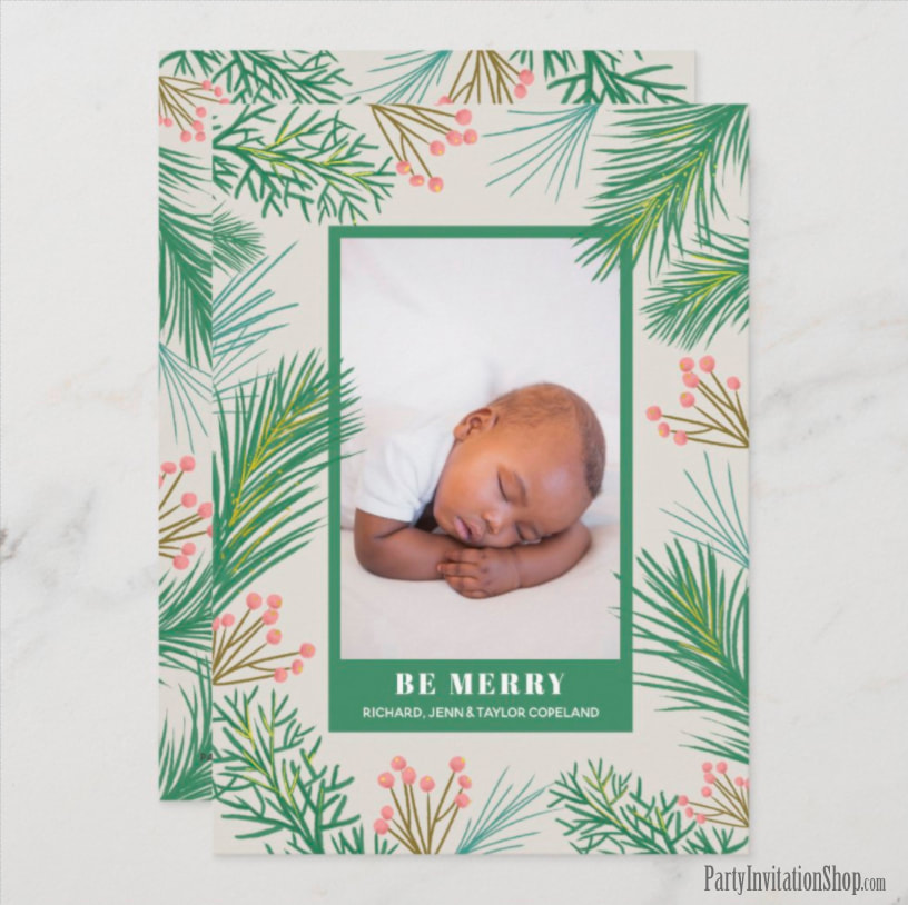 Berries Pines Holiday Photo Birth Announcements