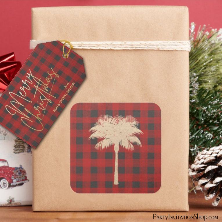Gold Palm Tree on Red Buffalo Plaid Square Stickers