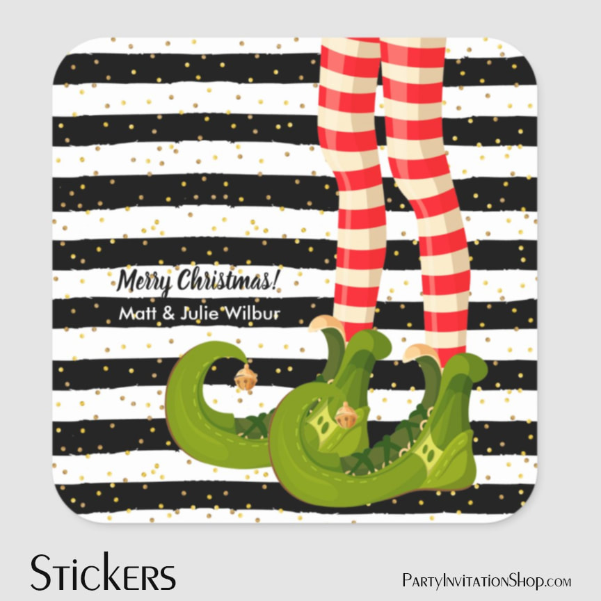 Elf Legs on Black and White Stripes Square Stickers
