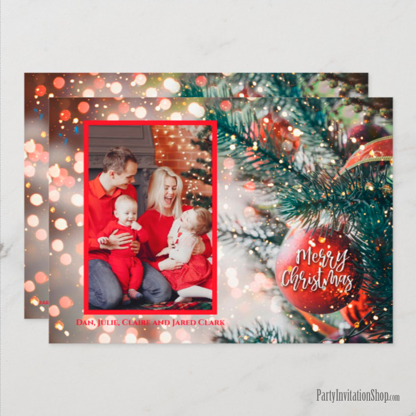Red Ornament on Christmas Tree Holiday Photo Cards at PartyInvitationShop.com