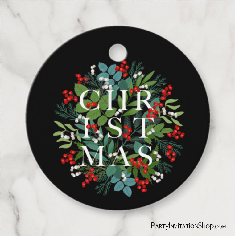 CHRISTMAS Typography Greenery Berries Black Favor Tags