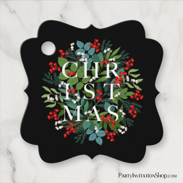 CHRISTMAS Greenery Berries Holiday Black Favor Tags