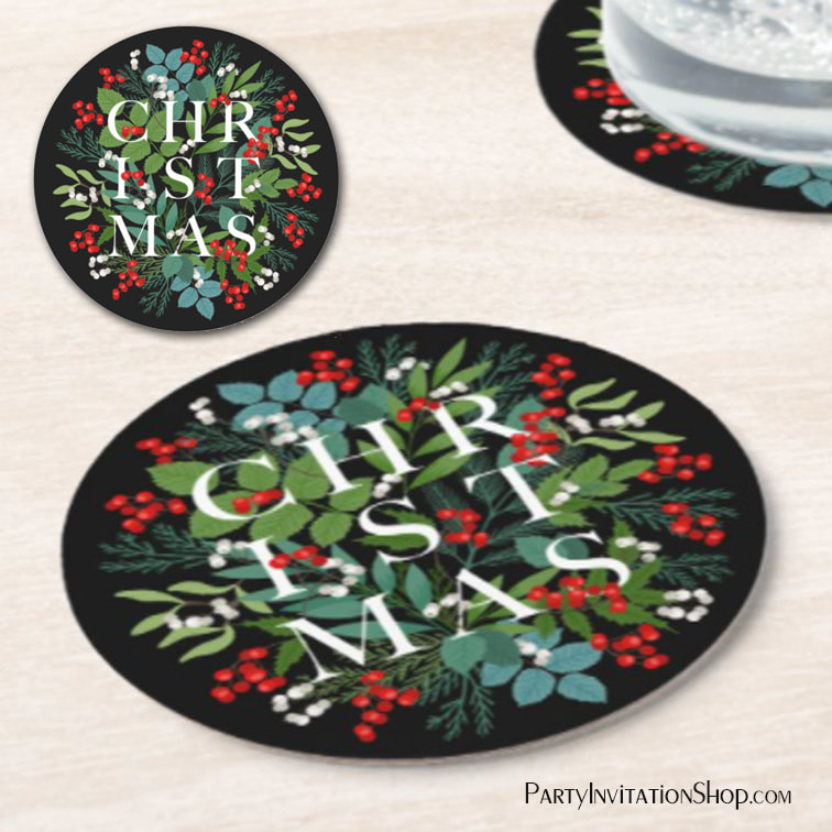 CHRISTMAS Berries Greenery Holiday Black Round Paper Coasters