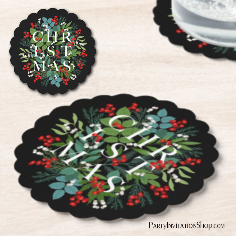 CHRISTMAS Berries Greenery Holiday Black Paper Coasters